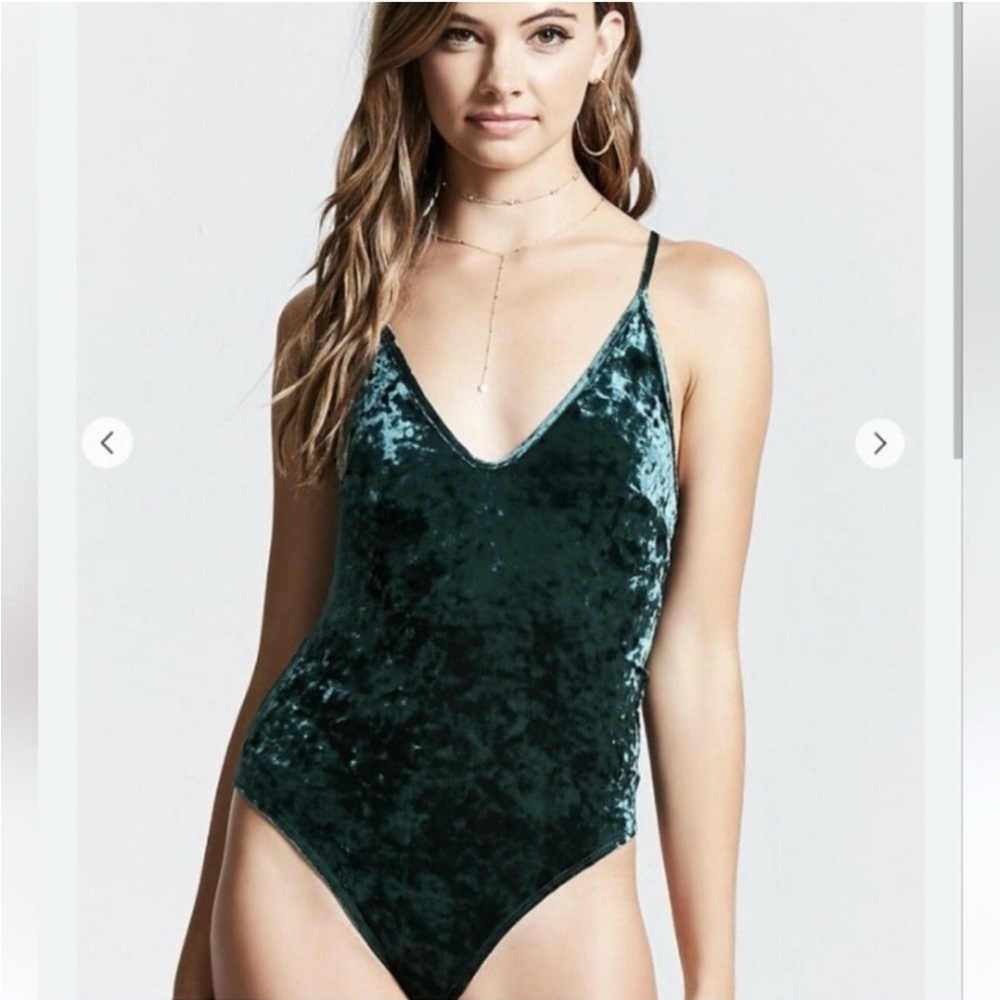 Forever 21 Emerald Green Velvet V-Neck Bodysuit